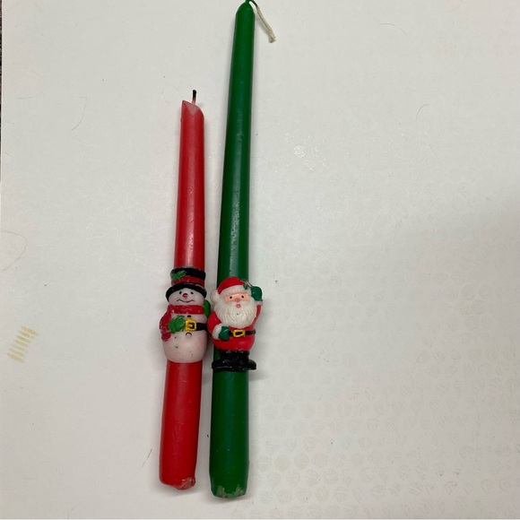 Vintage Taper Christmas Candles Candlesticks Green Santa Red Snowman Set of 2 - Picture 3 of 3